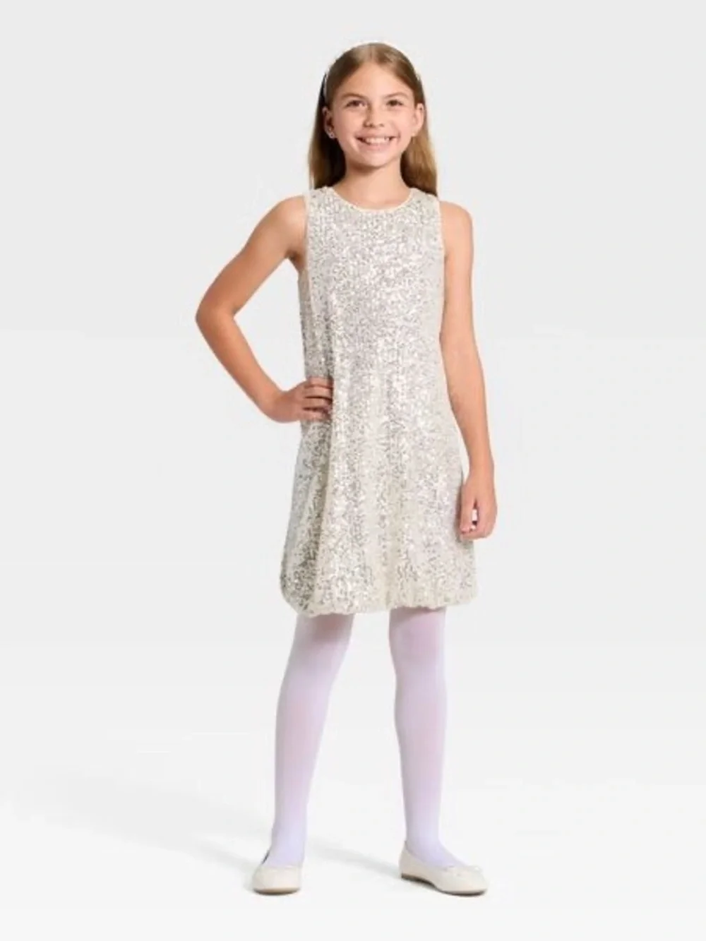 Cat & Jack Girls' Sequin Bubble Hem Dress - Light Silver, L (10/12)